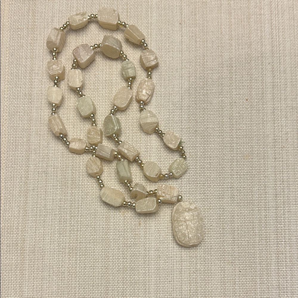 Vintage Soapstone Carved Scarab Egyptian Style White Necklace